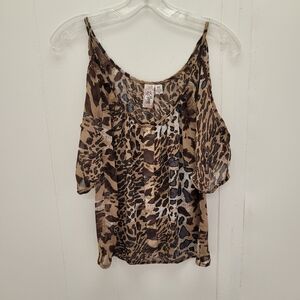 L8teR Cold Shoulder Leopard Print Semi Sheer Crop Top